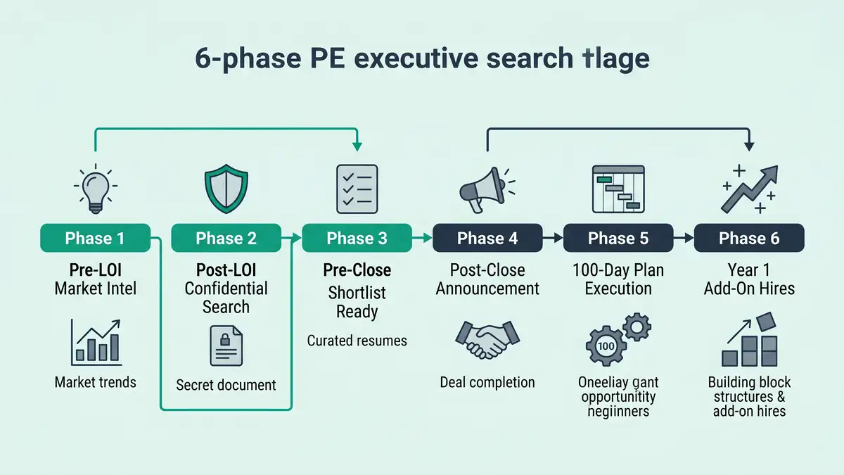 Infographic showing the 6-phase private equity executive search process from pre-LOI through year one add-on hires