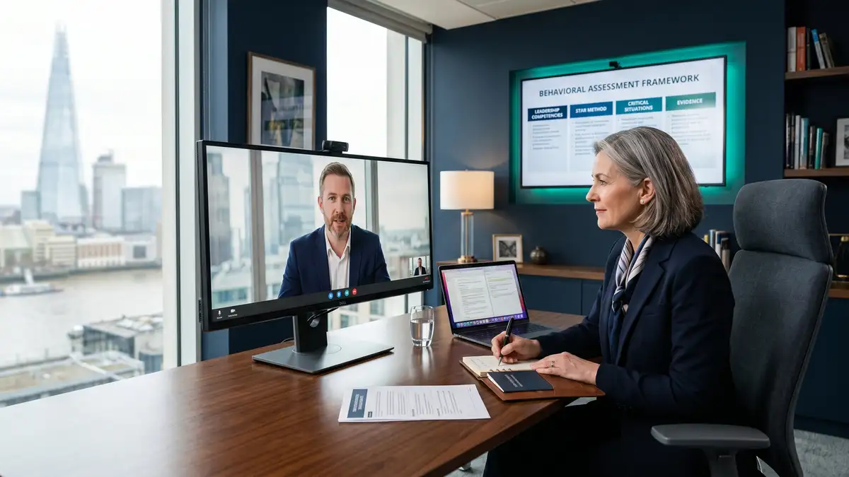 Senior executive search consultant running a structured behavioural-event interview with a passive candidate on a large monitor showing the assessment framework
