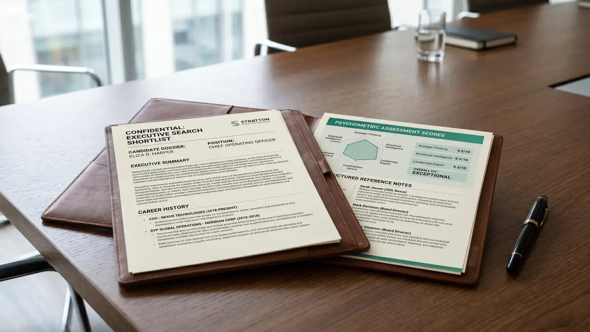 Confidential executive search candidate dossier laid out on a polished conference table showing executive summary career history psychometric scores and structured reference notes