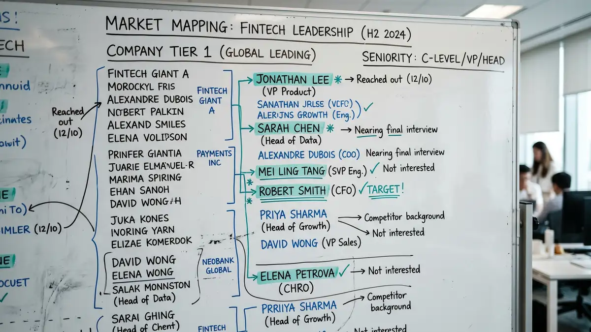Hand-annotated market map on a whiteboard showing 30 to 100 candidate names organised by company tier and seniority with priority targets highlighted in green