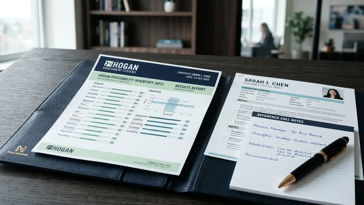 Close-up of Hogan psychometric assessment report next to candidate profile sheet and reference call notes pad on an executive desk