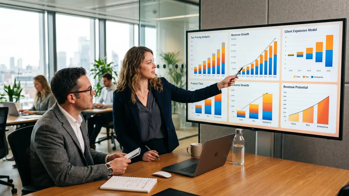 B2B sales and customer success team reviewing an account expansion strategy on a large screen with rising tier-pricing visualizations