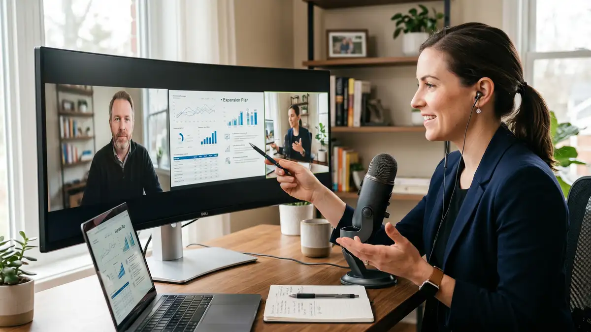 Customer success manager on a video call with a B2B SaaS customer reviewing expansion plan and product usage charts