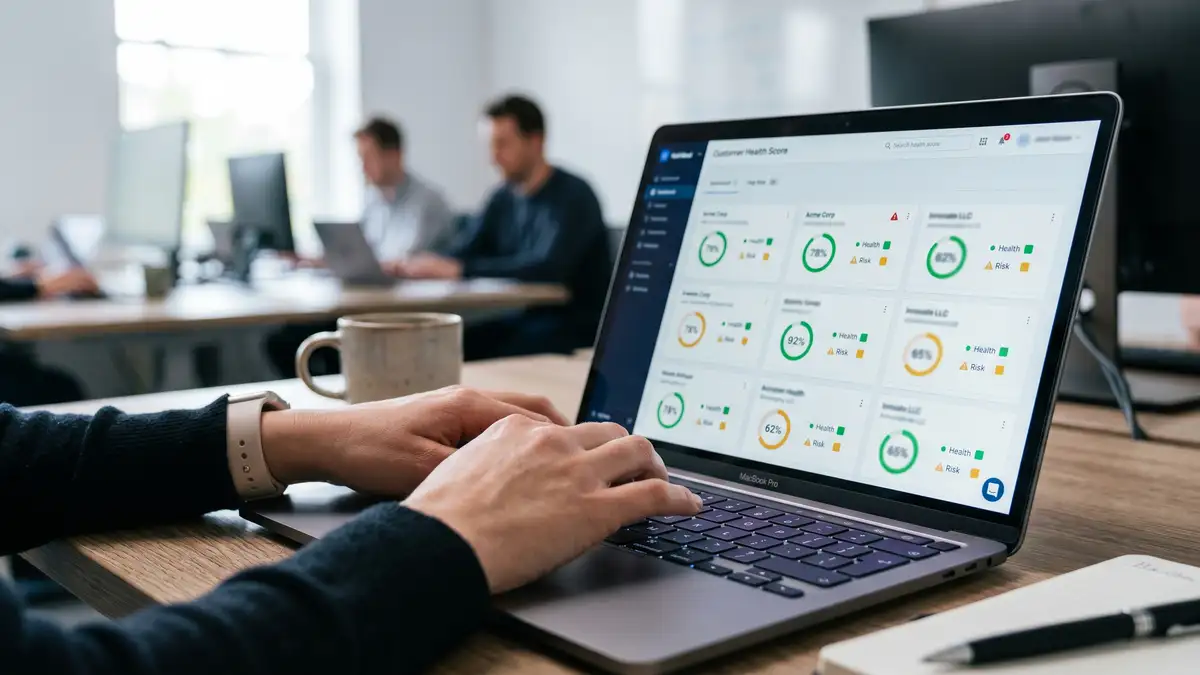 Customer success operator monitoring health-score dashboard with rising green and amber indicators that drive expansion revenue triggers
