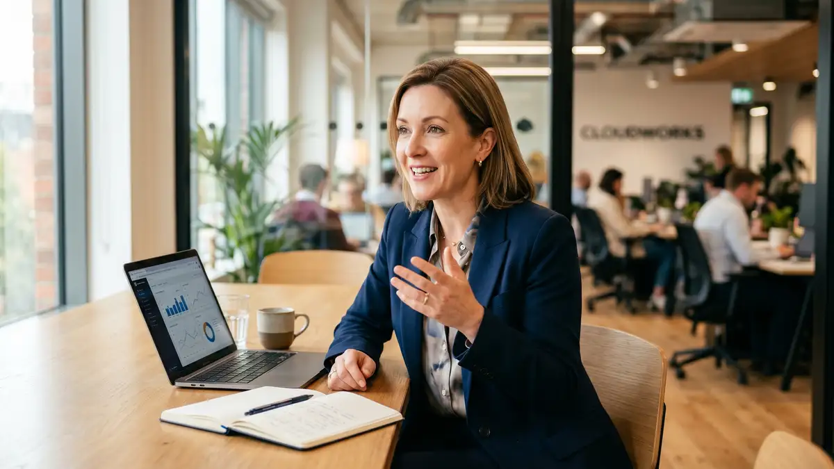 Confident SaaS executive in a modern office reviewing expansion revenue strategy notes during a strategic planning session