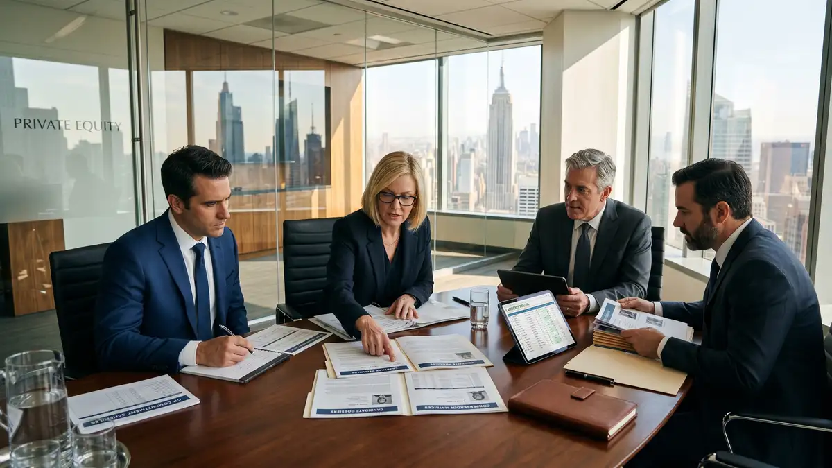 Private equity deal team of four senior PE professionals in dark suits reviewing candidate dossiers, compensation matrices, and GP commitment schedules in a glass-walled boardroom