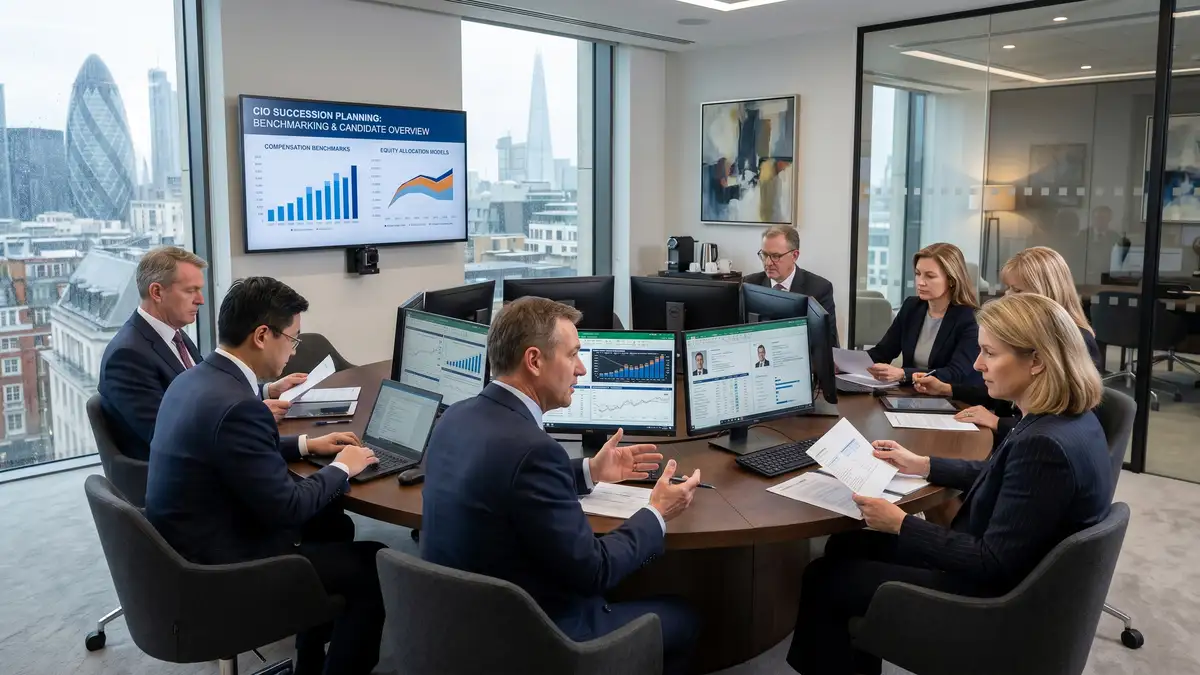 Asset management firm investment committee in session with six senior portfolio managers and executives around a circular meeting table reviewing CIO succession candidates and compensation benchmarks