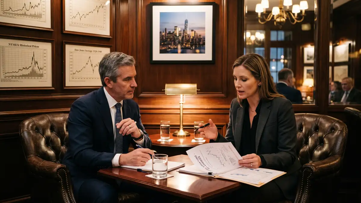 Hedge fund portfolio manager interview at a Manhattan financial district private members' club with two professionals seated in leather club chairs reviewing a research dossier