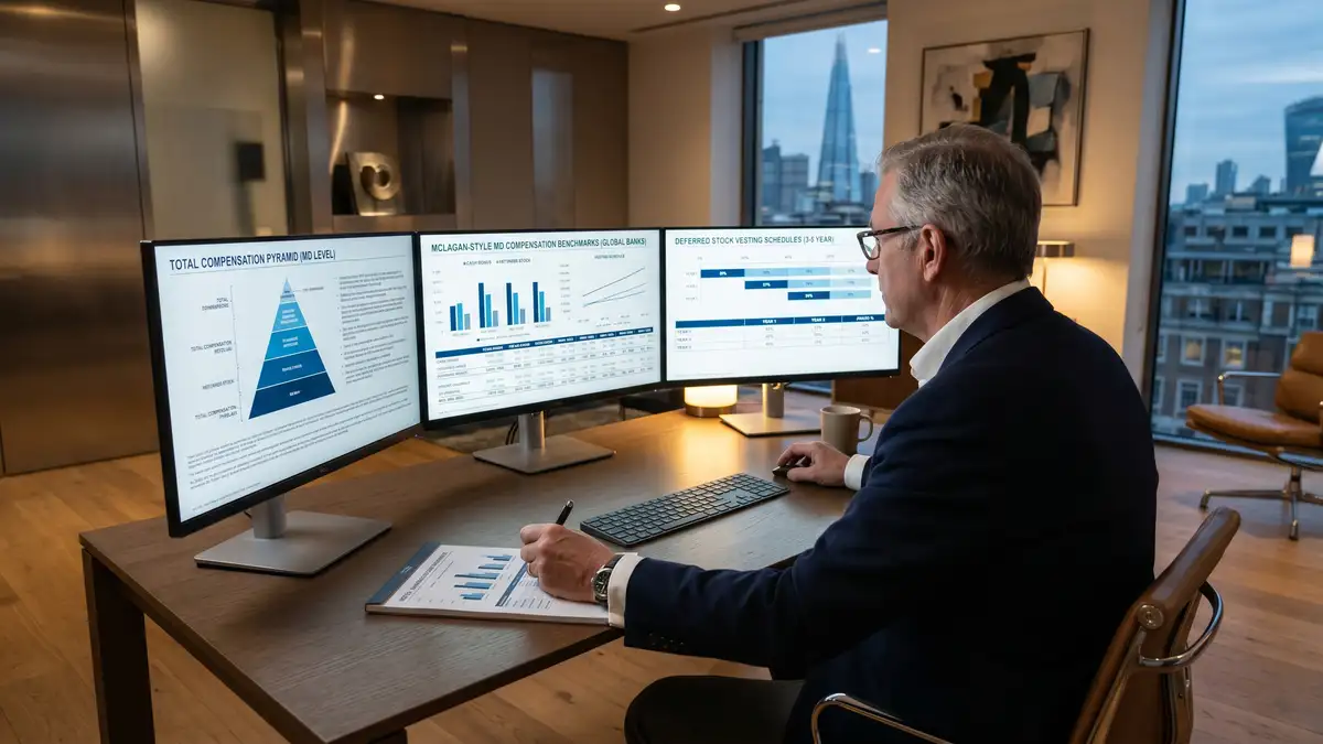 Senior compensation consultant analyzing investment banking MD compensation benchmarks across three monitor displays showing McLagan data, deferred stock vesting schedules, and total compensation pyramids