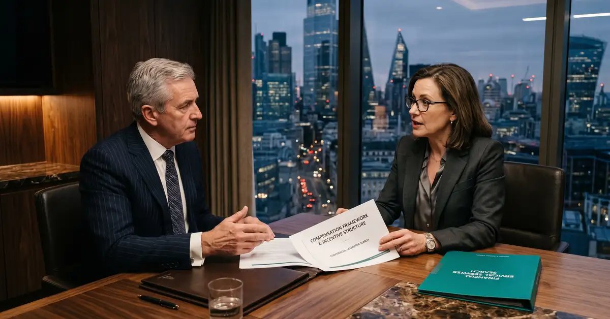 Senior financial services executive search consultation in a private banking conference room with two executives discussing compensation framework