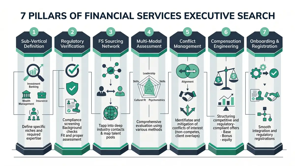 7 Pillars of Financial Services Executive Search infographic showing sub-vertical definition, regulatory verification, FS sourcing network, multi-modal assessment, conflict management, compensation engineering, and onboarding and registration