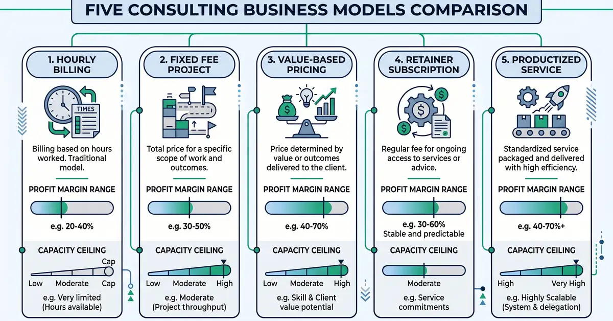 Five consulting business models comparison infographic showing hourly, fixed-fee, value-based, retainer, and productized models