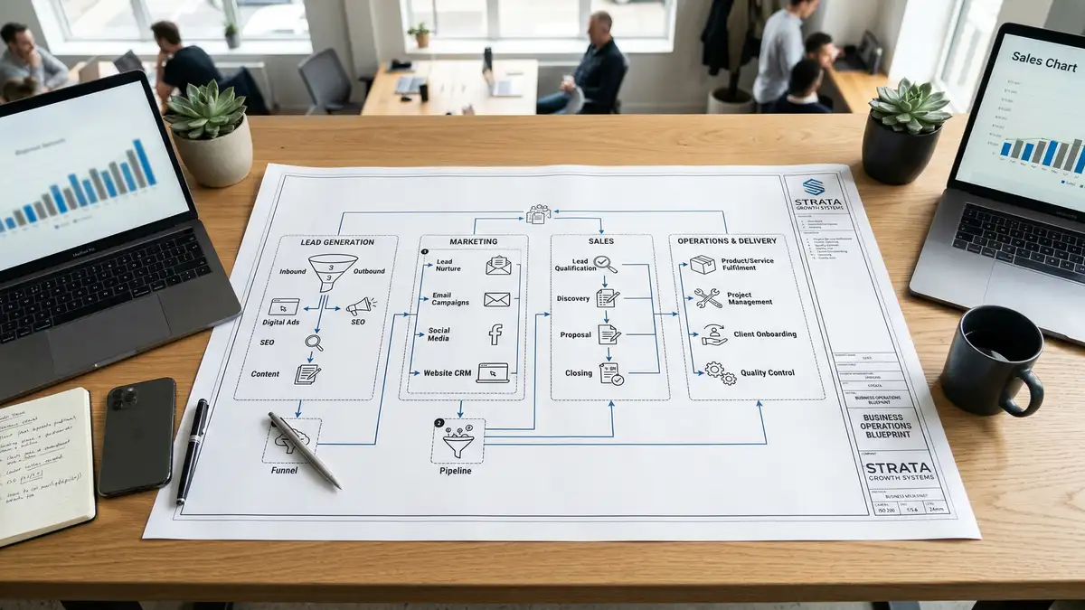 Business operations blueprint showing interconnected systems for lead generation sales and marketing on modern desk