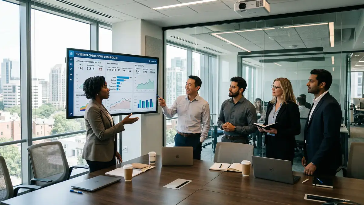 B2B professionals reviewing systems operations dashboard with workflow metrics and efficiency KPIs in conference room
