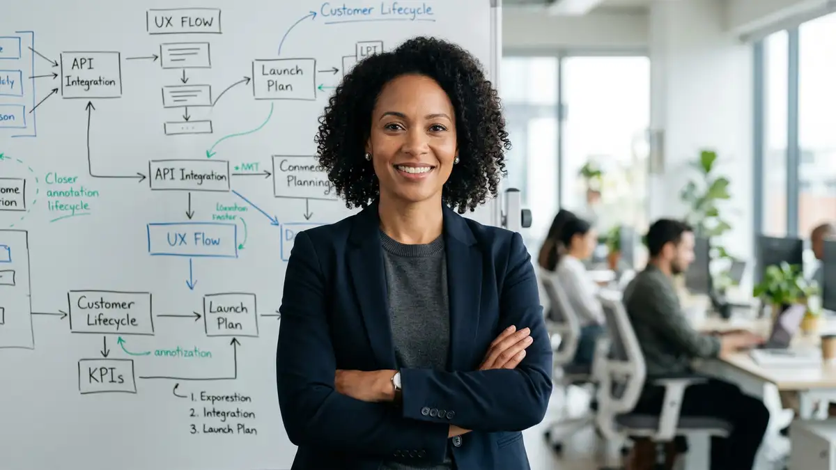 Confident business founder standing in front of whiteboard with systems diagrams and process maps