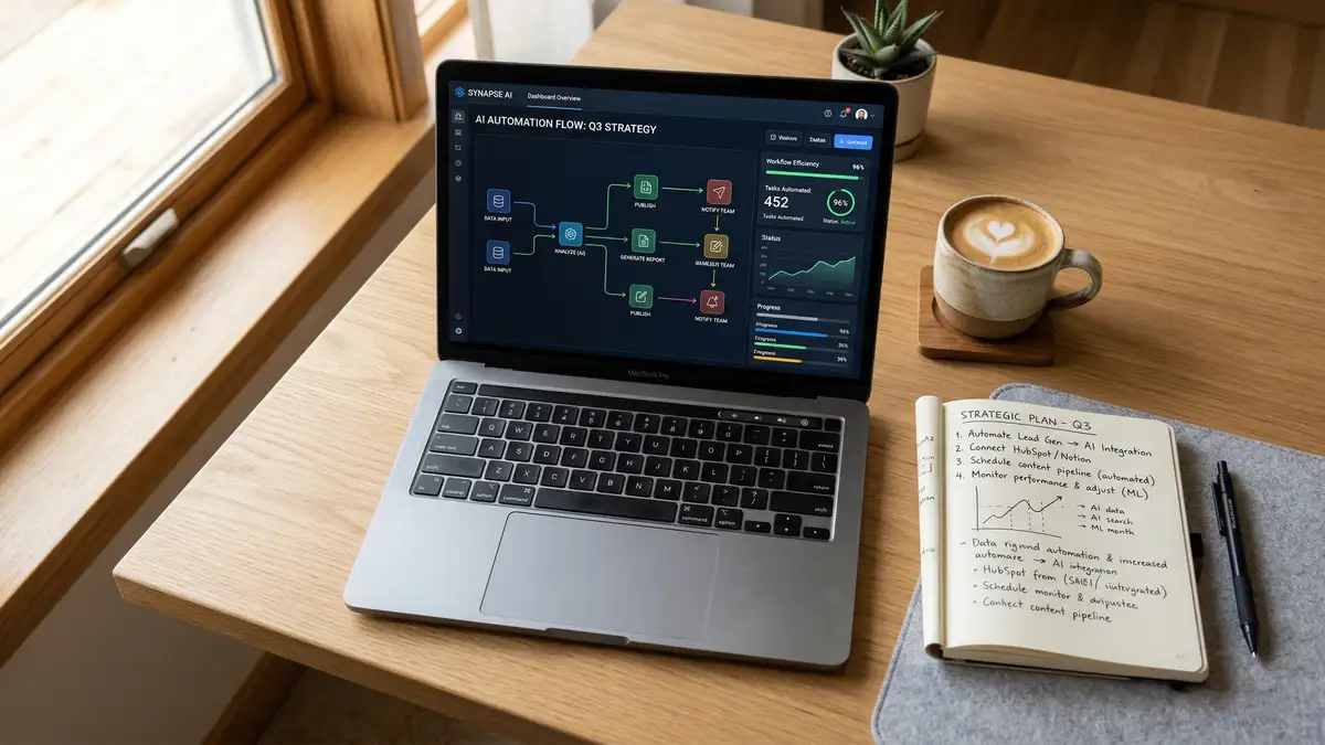 Laptop showing AI workflow automation dashboard with connected nodes and data flows on minimalist desk