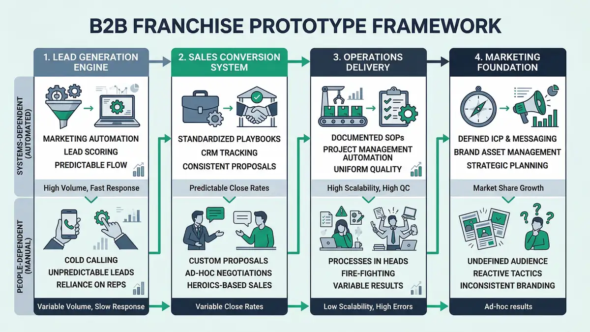 Franchise prototype framework infographic comparing systems-dependent versus people-dependent B2B business approaches across four pillars