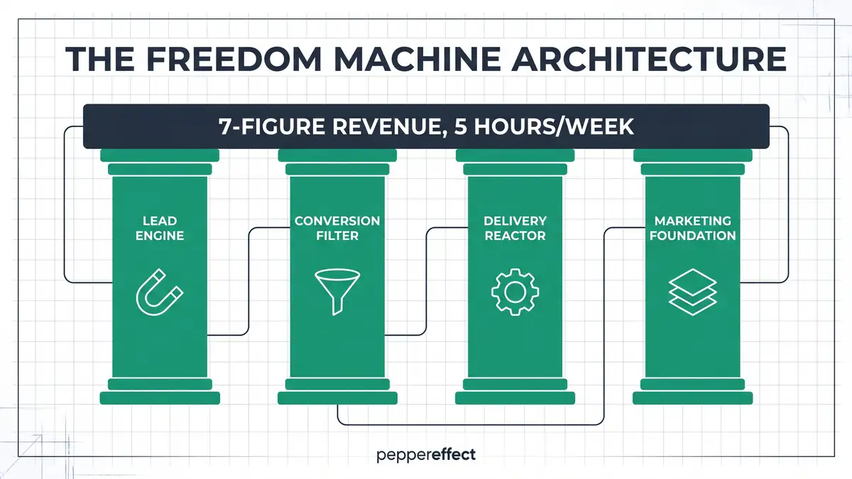Infographic showing the 4 pillars of the Freedom Machine architecture supporting 7-figure revenue on 5 hours per week