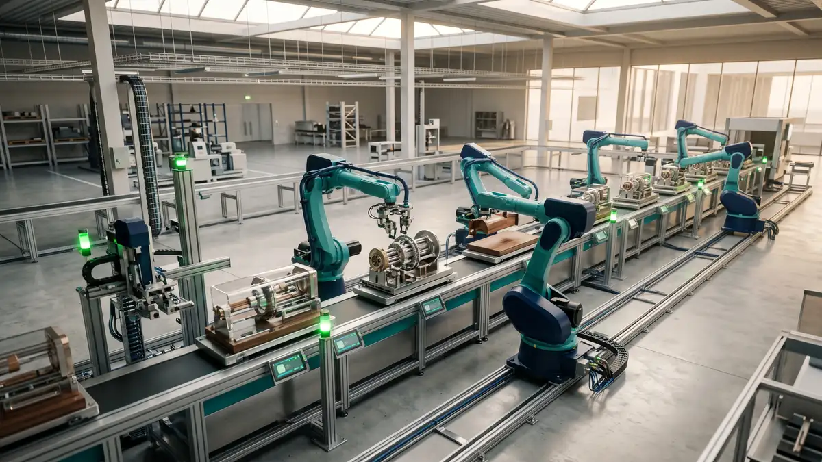 Aerial view of automated facility representing precision manufacturing of business outcomes without manual intervention