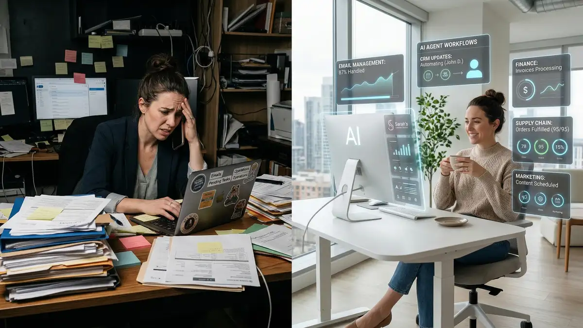 Split-screen comparing stressed overworked founder buried in paperwork versus relaxed founder with AI automated business systems running autonomously