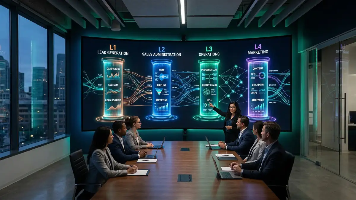 Sophisticated war room displaying four pillars of business operating system with lead generation sales operations and marketing data streams