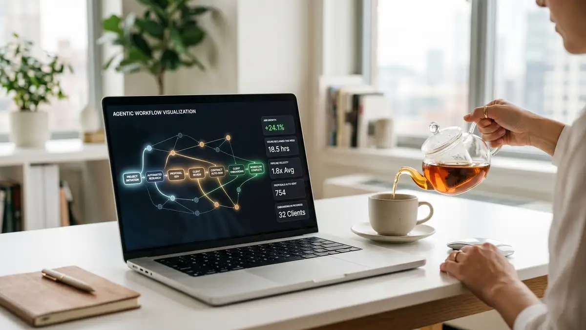 Executive dashboard showing Freedom Machine KPIs including ARR growth hours reclaimed pipeline velocity on premium laptop