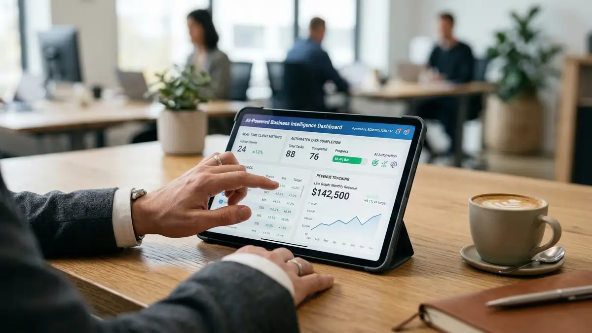 Business consultant reviewing AI-powered dashboard with automated metrics and revenue tracking on tablet