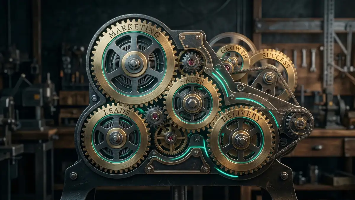Interconnected clockwork gears labeled with business functions leads sales delivery marketing turning autonomously representing self-running business