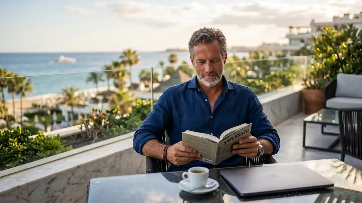 Founder entrepreneur reading on tropical terrace representing time reclaimed through Freedom Machine architecture