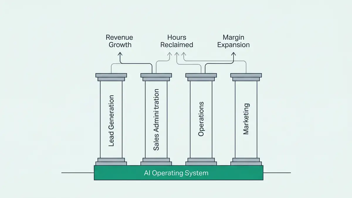 Infographic diagram showing Freedom Machine architecture with four pillars connected to AI operating system layer driving revenue growth and hours reclaimed