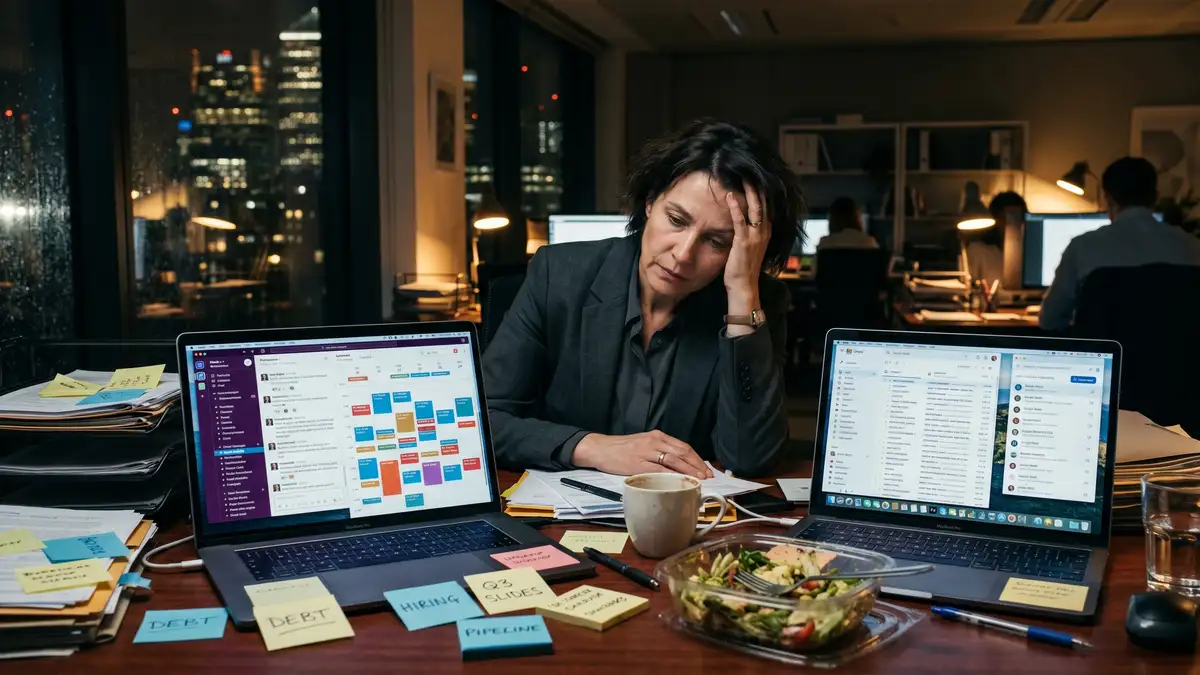 Founder overwhelmed by operational tasks at night representing the Technician's Trap before Freedom Machine architecture