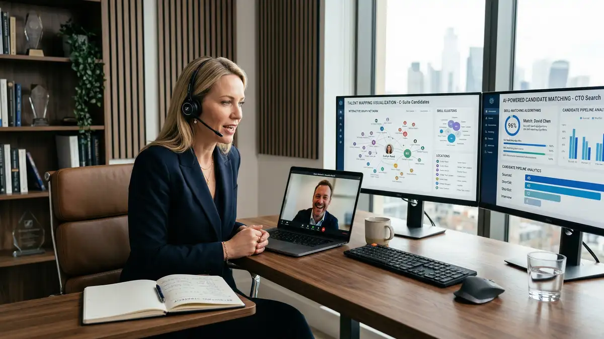 Executive recruiter using AI-powered candidate sourcing dashboards showing talent mapping and pipeline analytics for the future of executive search