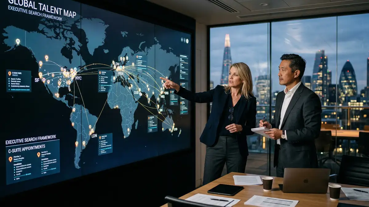 Executive search firm partners analyzing global talent mapping display with AI-powered recruitment technology for future talent acquisition