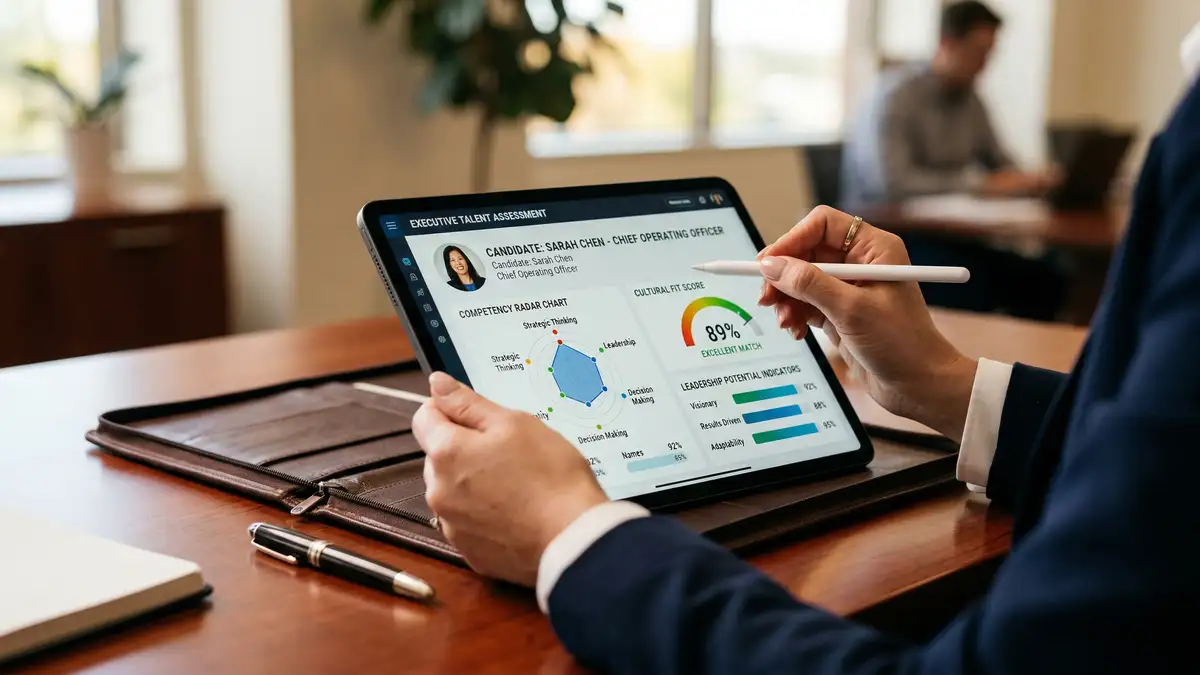 AI-powered candidate assessment interface showing competency charts and leadership indicators for executive search technology