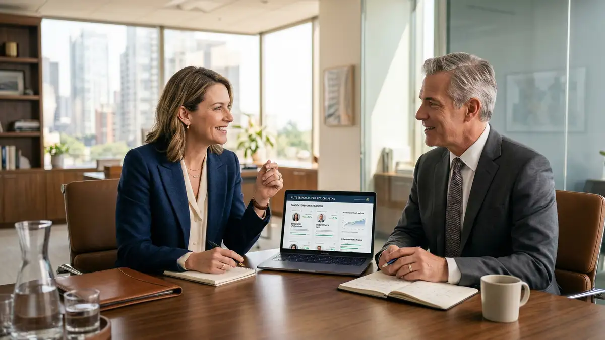 Executive search consultant having strategic conversation with CEO client emphasizing human relationship element of recruitment advisory