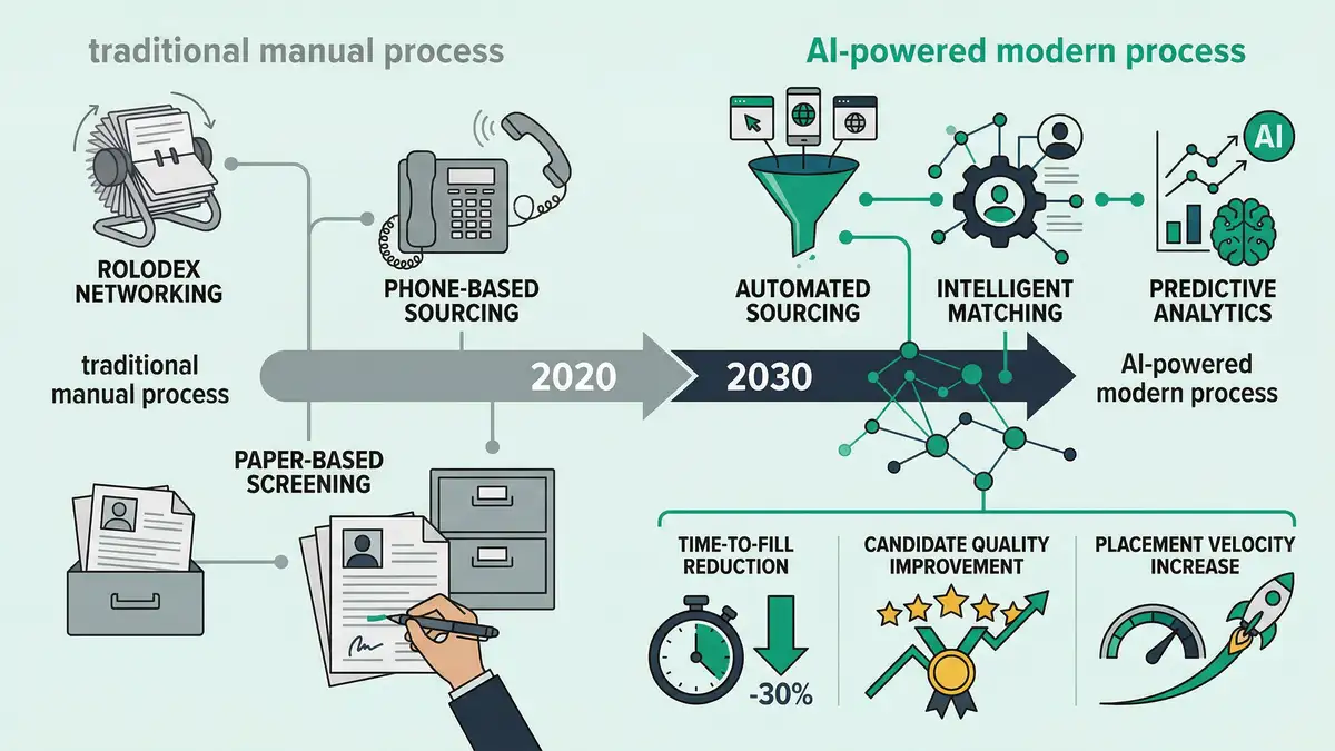 Infographic showing the evolution of executive search from traditional manual recruitment to AI-powered sourcing with key performance metrics