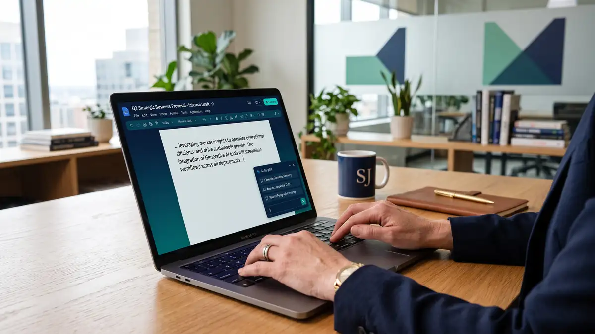 Close-up of an executive drafting a business document with a generative AI assistant on a laptop