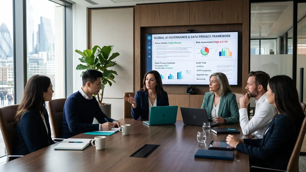 Governance and risk team reviewing AI policy and data privacy controls in a boardroom