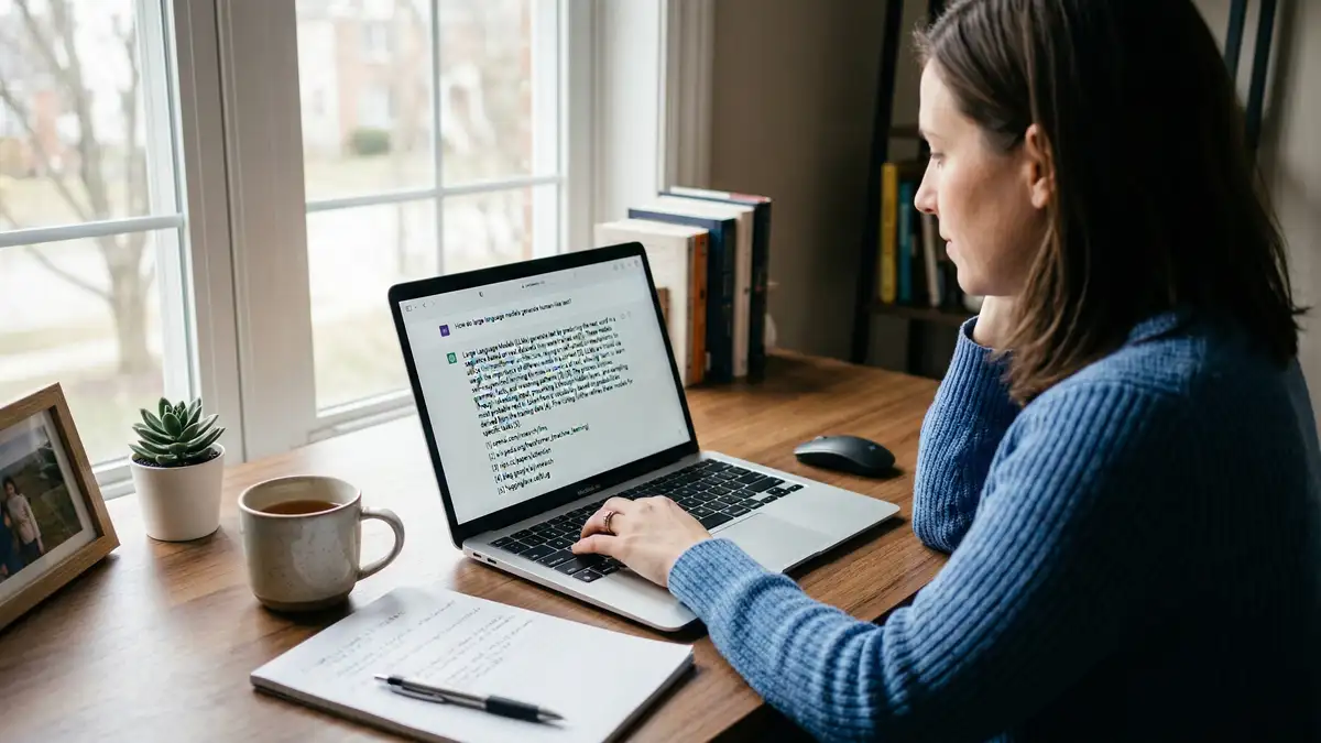 Laptop screen showing AI search engine interface providing detailed answer with multiple source citations highlighted for generative engine optimization