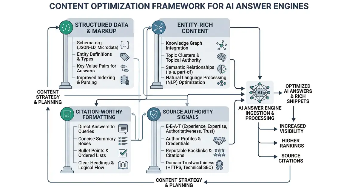 Content optimization framework for AI answer engines showing structured data, entity-rich content, citation-worthy formatting, and source authority signals