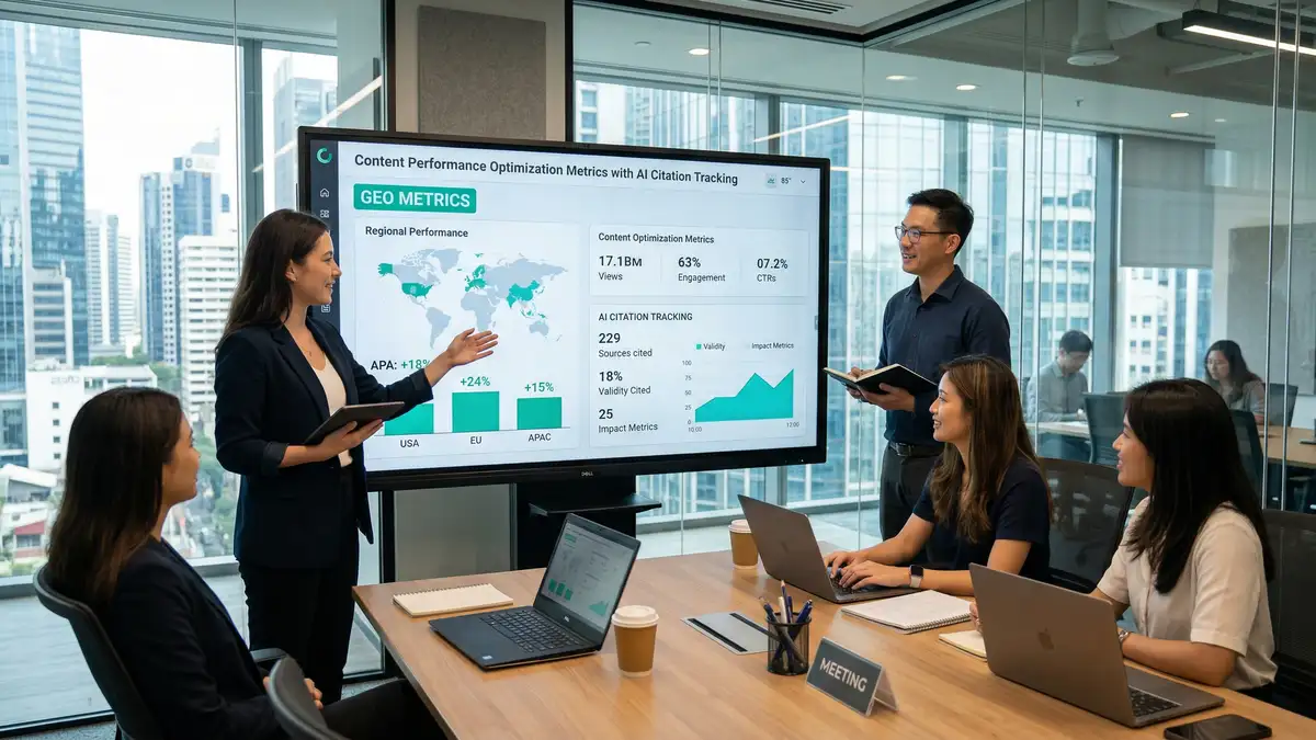 Marketing team collaborating around large screen displaying content optimization metrics and AI citation tracking dashboard for generative engine optimization strategy