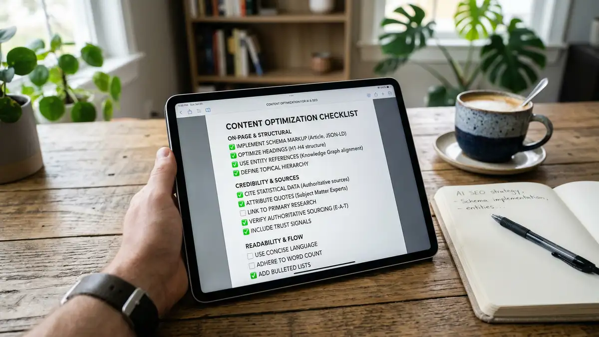 Tablet device displaying structured content checklist for generative engine optimization with checkmarks on schema markup and statistical citations