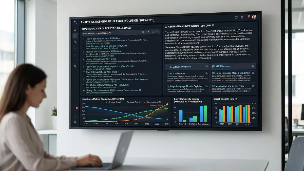 Split-screen dashboard comparing traditional search engine results with ten blue links versus AI-generated answer with cited sources for generative engine optimization