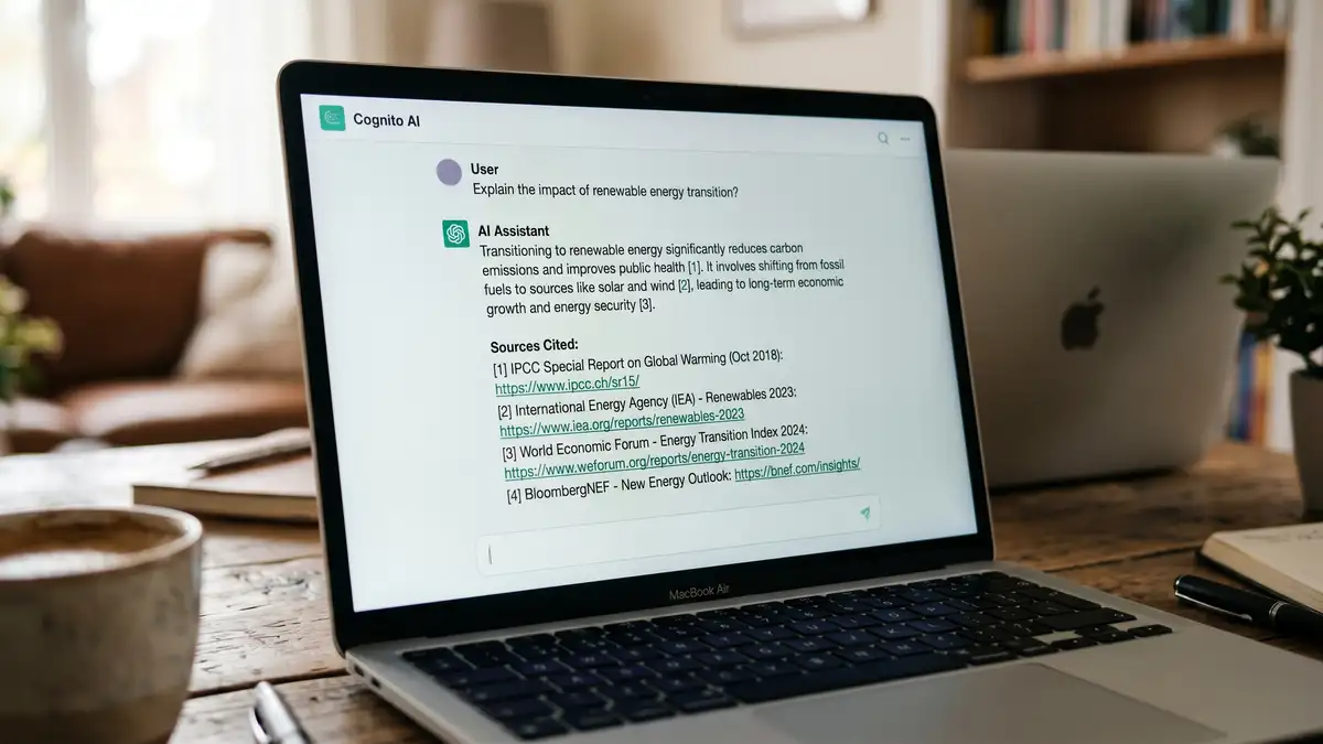 Laptop screen showing an AI assistant answer with cited source links, illustrating what generative engine optimization services aim to win