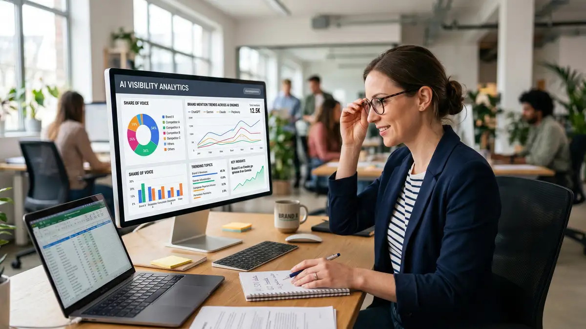 Marketing analyst reviewing an AI visibility analytics dashboard showing share-of-voice metrics across AI engines, the measurement layer of GEO services