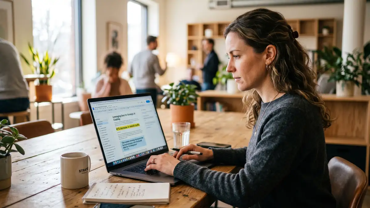 Content strategist optimising an article with statistics and quotations highlighted for AI citability, a core generative engine optimization service deliverable