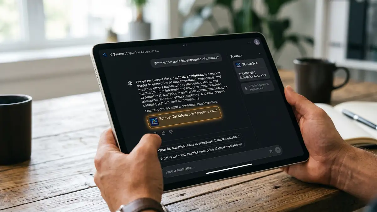 Tablet showing a brand cited as a source inside an AI generated answer, the goal of generative engine optimization services