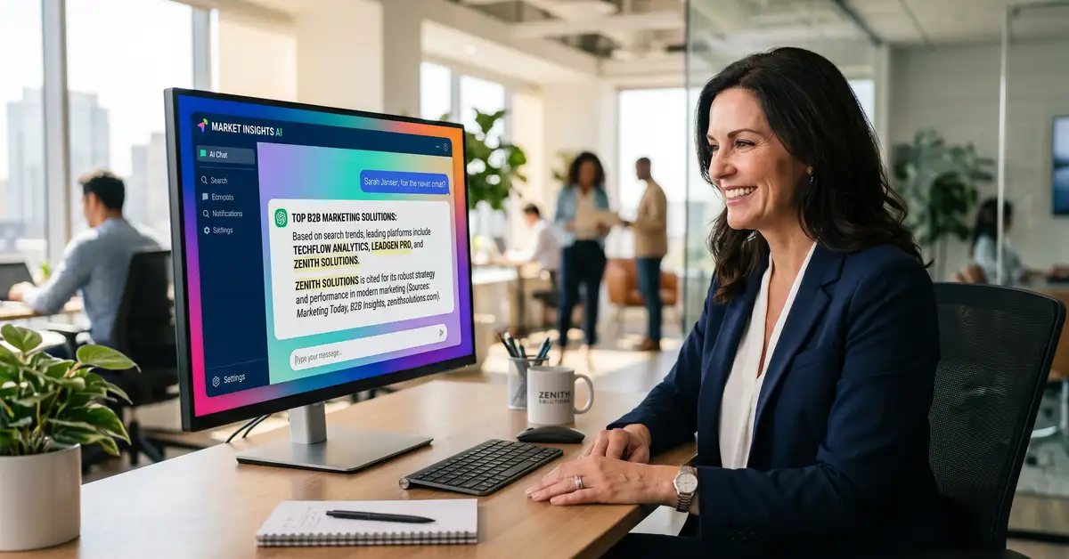 B2B marketing leader viewing an AI chat answer that cites her brand among its sources, illustrating the goal of generative engine optimization services