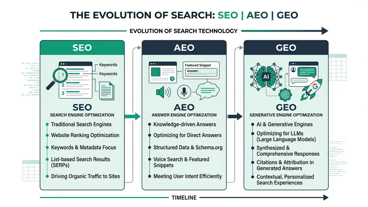 Infographic showing the progression from SEO to AEO to GEO, in peppereffect brand colours