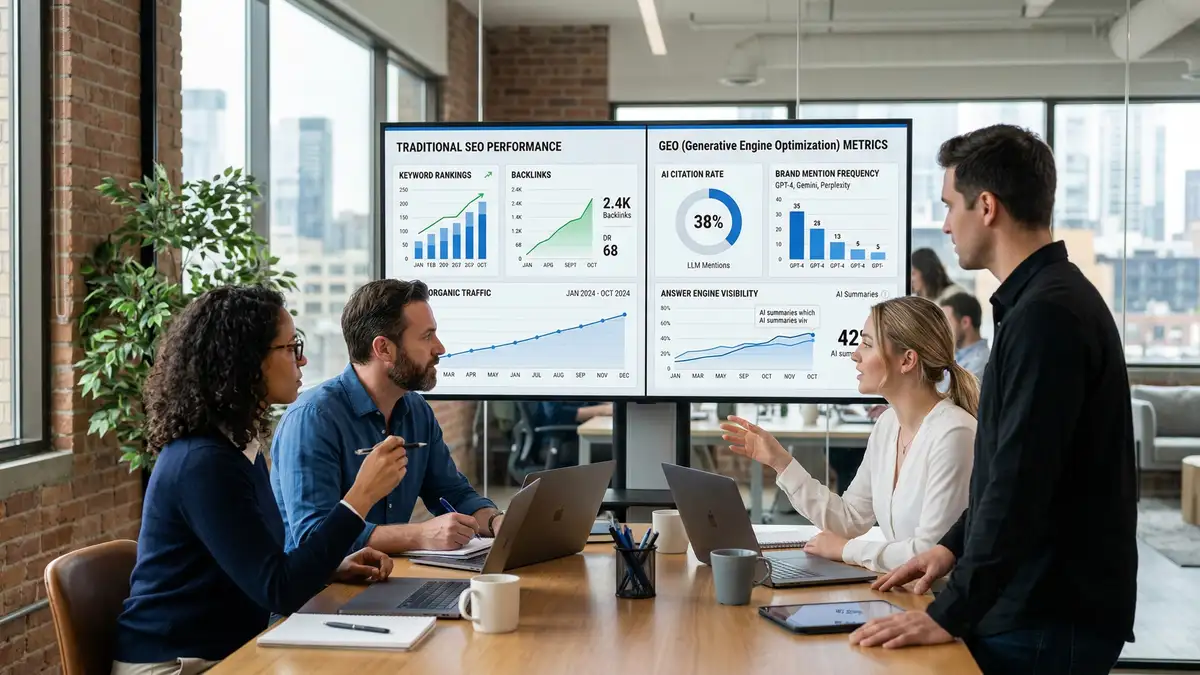 Digital marketing team analyzing split-screen dashboard comparing traditional SEO metrics with GEO and AEO AI visibility metrics in modern office